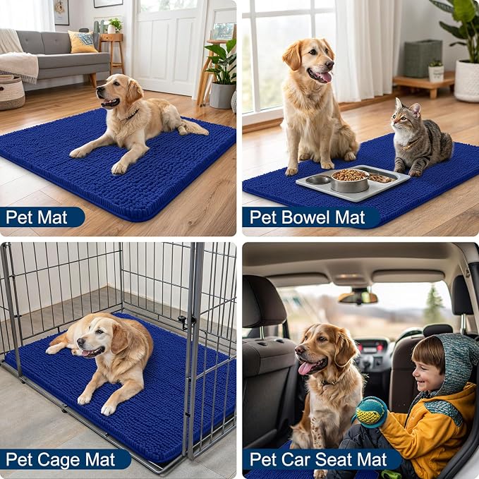 Smiry Dog Door Mat for Muddy Paws 71x46, Absorbent Dirt Trapper, Non-Slip Washable Chenille Entryway Rug for Inside Floor, Royal Blue, Classic Solid