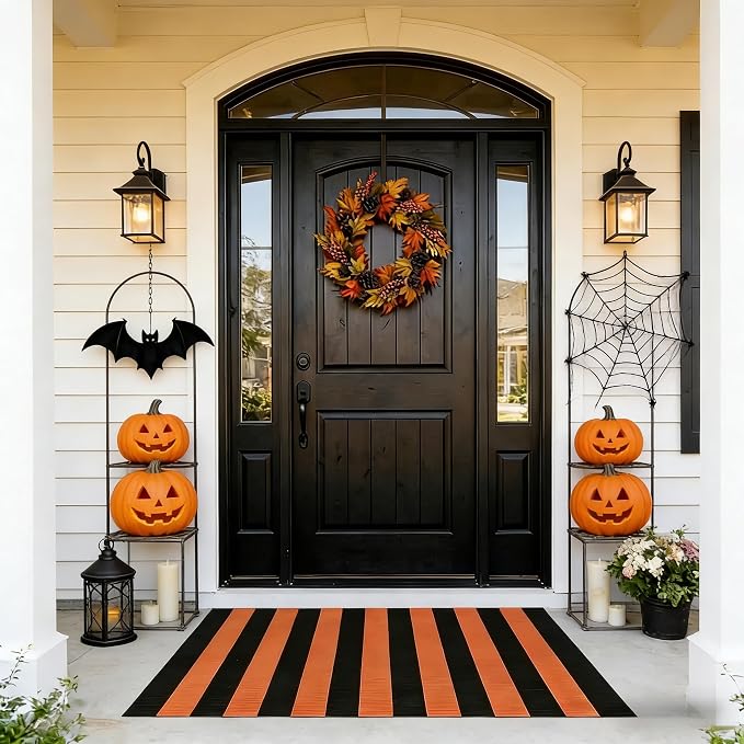 Striped Outdoor Rug 3' x 5' Orange and Black Front Door Mat, Halloween Layering Rug for Porch, Washable Doormat, Cotton Area Rug for Outdoor Entrance Entryway Patio Porch Decor