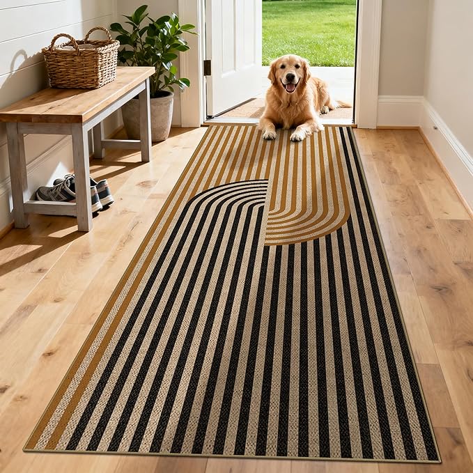 Washable Modern Easy Jute Runner Rug 2x8, Neutral Abstract Boho Geometric Outdoor Indoor Patio Area Rug, Woven Non Slip Thin Long Runner Carpet Mat for Hallway Kitchen Entryway Porch Farmhouse