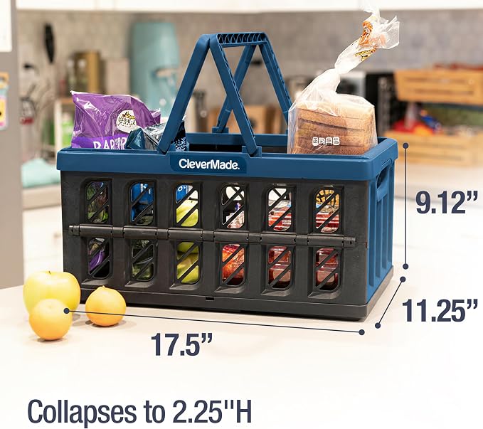 CleverMade Collapsible Shopping Basket, 24L, 3 Pack, Ocean | Rigid walls protect groceries and supplies. Each basket carries 25 lb, stacks securely, and folds to 2.25 inches.