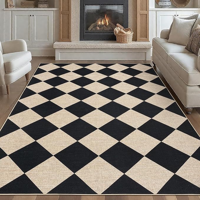 Garvee Easy Jute Rugs for Entryway 6x9 Modern Geometric Washable Rug for Living Room, Non Slip Non Shedding Diamond Outdoor Area Rug Stain Resistant Mats for Bedroom, Dining Room, Patio, Black/White