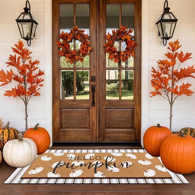 Tinideya Hello Pumpkin Layered Door Mat, Fall Welcome Coir Mats, 2 Pcs