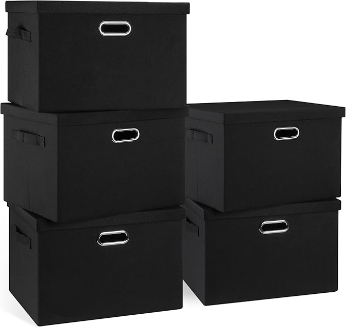 Graciadeco Large 17" 36 Quart Collapsible Stackable Storage Bins with Lids, 5 Packs Black Linen Fabric Closet Boxes with Lids, Storage Cube Baskets Container Organizers for Bedroom Office(17 x12 x11) | 36 Quart 5 Pack Black Collapsible Stackable Linen ...