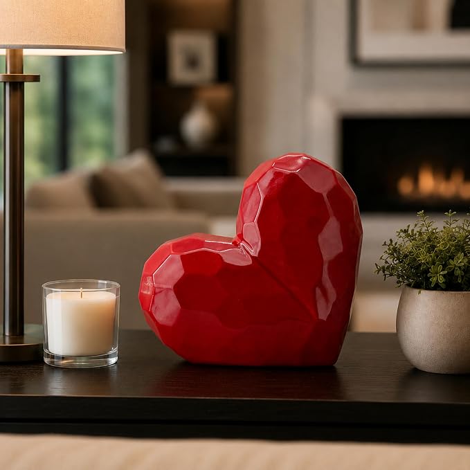 Decorative Ceramic Heart Sculpture for Home Decor - Ornaments for Bathroom, Office, and Living Room Decor - Modern Figurine Accent for Bedroom, Shelf Display, and Coffee Table - 8", Red