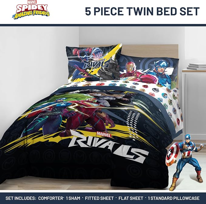 Marvel Rivals Twin Comforter Set 5 Piece Superhero Bedding for Boys, Multi | Avengers, Comforter Sheets Sham Pillowcase, Official Product, Soft Microfiber, Machine Washable, Easy Care, Boys Gift
