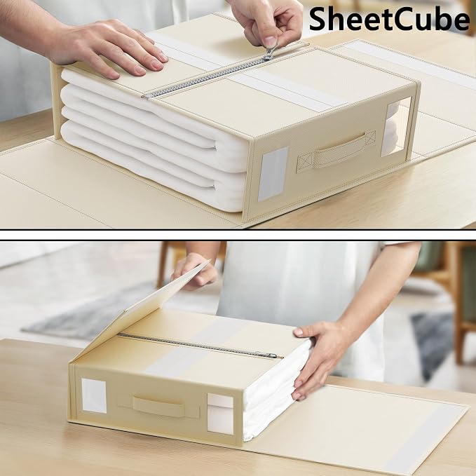 SheetCube Bed Sheet Organizers and Storage 6 Pack, Foldable Linen Closet Organizer with Window and Label, Bedding Folder Storage Box Container for Blanket, Duvet Cover Set, Bed Sheet Set - Beige