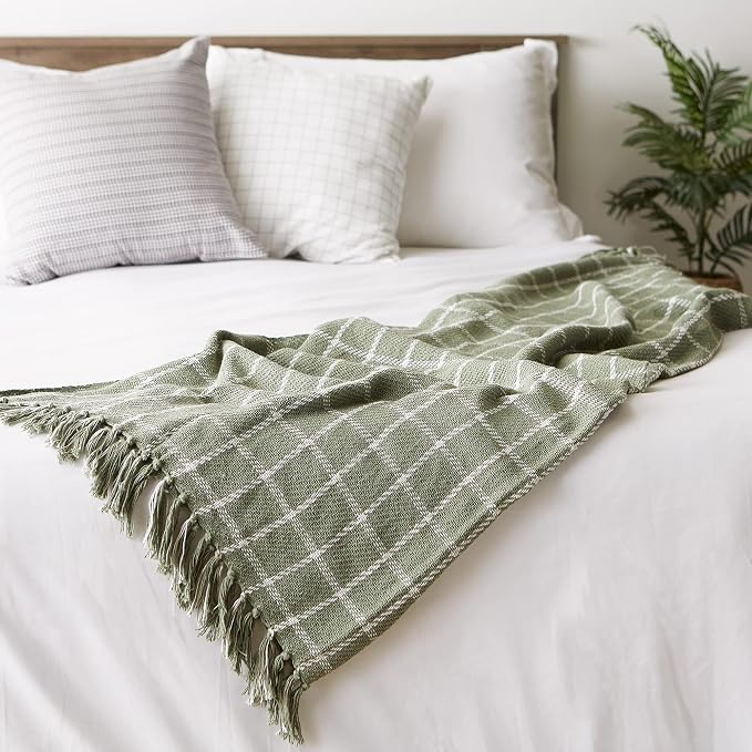 DII Transitional Checked Plaid Woven Throw, 50x60, Artichoke Green