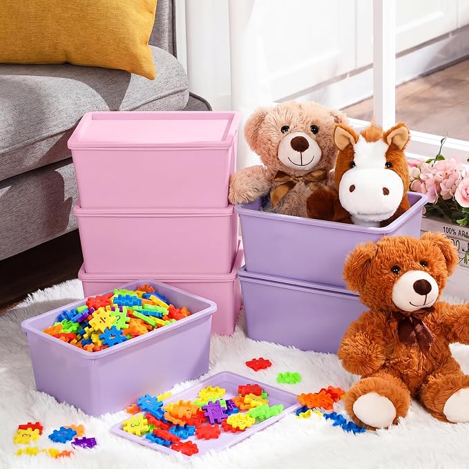 Menkxi 6 Pcs Storage Bins with Lids Small Plastic Storage Containers Stackable Storing Baskets Box Cute Organizer Bins for Organizing Shelves (Pink,Purple,Orange)