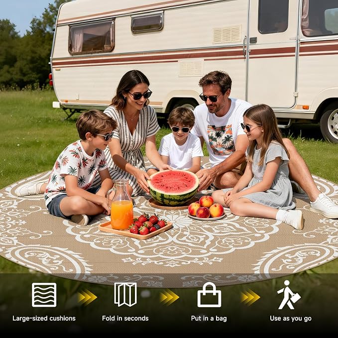 Pauwer Outdoor Rug 8ft, Waterproof Plastic Straw Camping Rug, Boho Brown | Reversible Patio Rug, UV Resistant Indoor Outdoor RV Mat Carpet For Deck, Camper, Porch, Balcony, Backyard, Picnic, Foldable