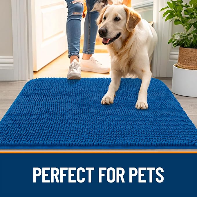 OLANLY Dog Door Mat for Muddy Paws 47x20, Absorbs Moisture and Dirt, Absorbent Non-Slip Washable Doormat, Quick Dry Chenille Mud Mat, Entry Indoor Entryway Carpet for Inside Floor, Deep Navy Blue