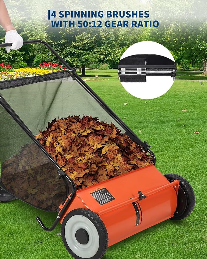 GarveeLife 21 Inch Push Lawn Sweeper with 4 Spinning Brushes, 3.5 Cu.ft Large Capacity Leaf Collector, Adjustable Height Grass Sweeper, All Terrain Lawn Leaf Debris Removal Tool for Yard Garden Patio | 3.5 Cu.ft Large Leaf Collector, Grass Sweeper, All...