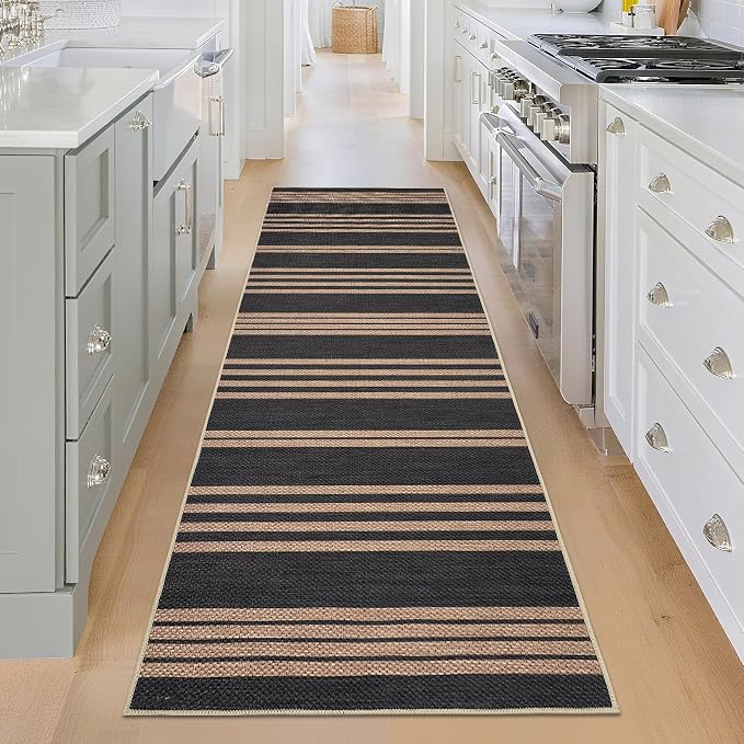 COZYLOOM 2x6 Striped Jute Rug Washable Runner Rug for Hallway Non Slip Non Shedding Geometric Carpet Stain Resistant Contemporary Foldable Indoor Outdoor Mats for Kitchen Bathroom, Black/Coffee