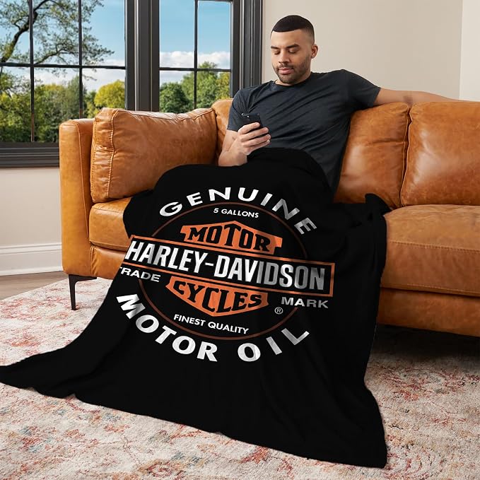 Northwest Harley-Davidson Oil Can Silk Touch Throw Blanket, 46 x 60 in | 100% Polyester, Velvety Feel, Lightweight Warmth, Couch Bed Chair Lounging, Giftable Indoor Comfort