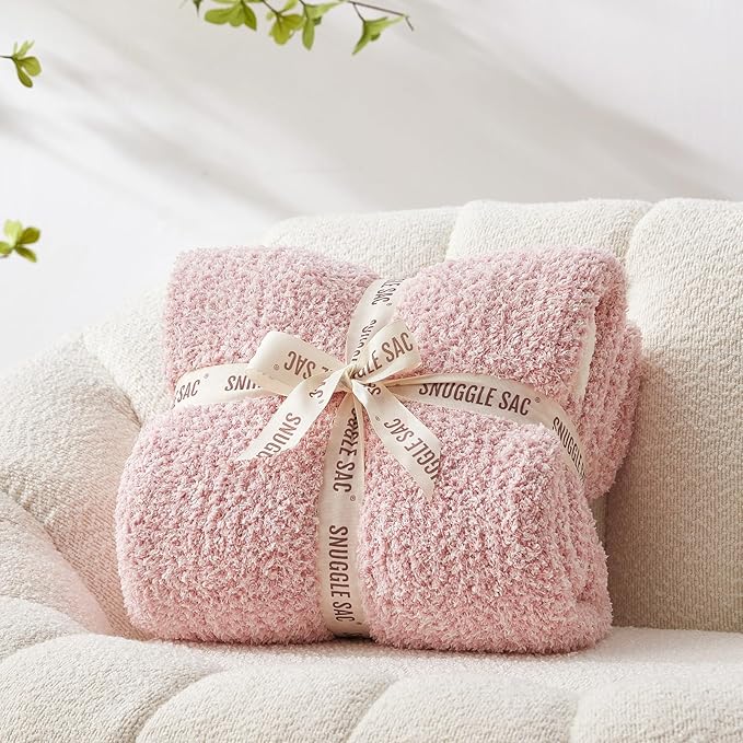 Snuggle Sac Heather Pink Throw Blanket for Couch, Reversible Super Soft Blankets Warm Cozy Knit Fuzzy Plush Lightweight Throws for Sofa, Bed, Camping,Heather Pink, 60x80