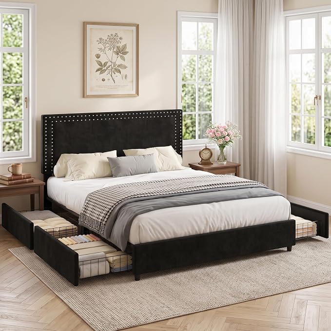 VECELO Queen Size Upholstered Bed Frame with 4 Storage Drawers, Adjustable Velvet Rivet Decor Headboard, Wooden Slats Platform Support, No Box Spring Needed, Easy Assembly,Black