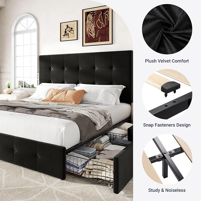 Allewie Upholstered Full Size Platform Bed Frame with 4 Storage Drawers and Adjustable Headboard, Square Button Tufted, Wooden Slats Support, Noise-Free, No Box Spring Needed, Easy Assembly, Black