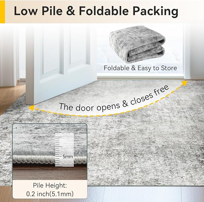 Washable Area Rugs Square 8ft Non-Slip Modern Abstract Soft for Living Room Entryway Bedroom Nursery, Print Pattern, Gray White Grey
