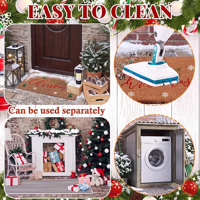 Moucuny 2 Pcs Christmas Outdoor Mat, Non Slip | Christmas Welcome Coir Door Outdoor Black White Stripe Rug Front Door Porch Entryway Decor, 24'' x 35'', 16'' x 28''