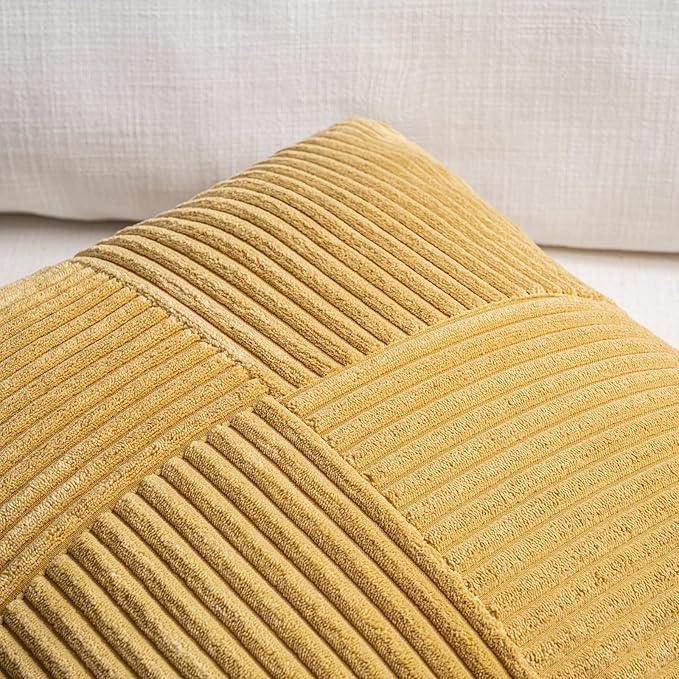 Fancy Homi 2 Packs Mustard Yellow Decorative Throw Pillow Covers 22x22 Inch for Living Room Couch Bed Sofa, Farmhouse Boho Home Decor, Soft Corss Corduroy Patchwork Accent Square Cushion Case 55x55 cm