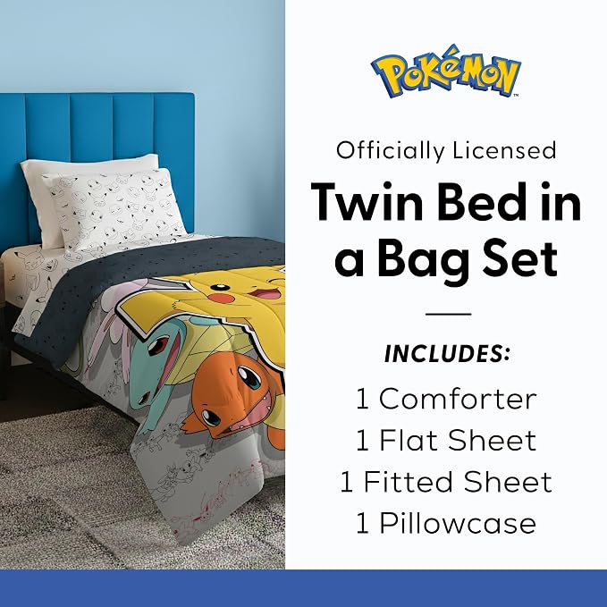 Northwest Pokemon Battle Squad Twin Size Bed in a Bag Set, Pikachu Charmander Squirtle Eevee, Kids Boys Girls Bedding Comforter Sheets