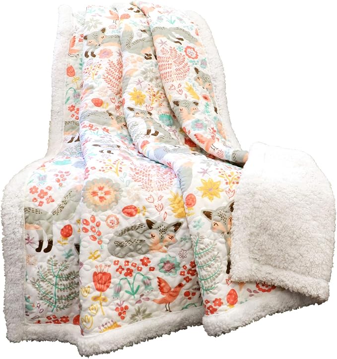 Lush Decor Pixie Fox Sherpa Throw Blanket 50”W x 60"L Gray & Pink - Sherpa Blankets - Toddler Blanket For Bed - Pink Girls Room Decor - Floral Throw