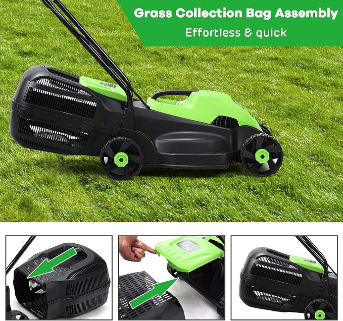 Happygrill Lawn Mower 13-Inch Electric Lawn Mower, Handle Push Corded Lawn Mowers with Grass Bag, Folding Handle, Adjustable Cutting Height for Garden Yard, 12 Amp,Green