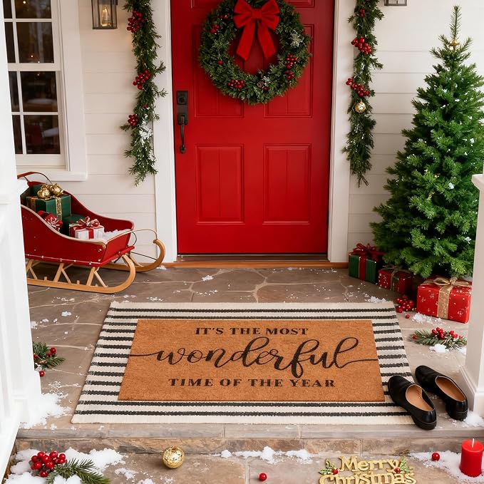 Moucuny 2 Christmas Coir Outdoor Mat, Non Slip | It Is The Most Wonderful Time of The Year Welcome Mat Black White Rug Front Porch Entryway Decor, 24'' x 35'', 16'' x 28''