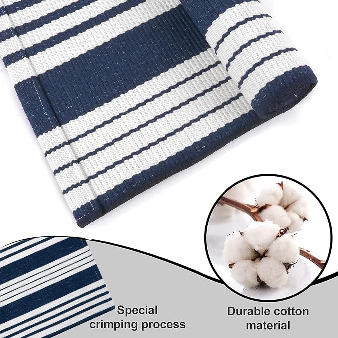 OJIA Blue & White Outdoor Rug 3'x5' Front Porch Rug Outdoor Mat Patio Decor | Cotton Woven Striped Patio Rug Machine Washable Indoor Outdoor Rugs Entry Layered Door Mats for Entryway/Front Door Entrance