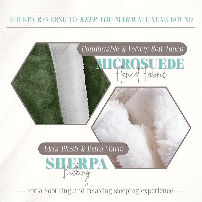 Elegant Comfort Throw Blanket, Reversible Sherpa Flannel, Ultra-Soft, Fuzzy, Cozy and Plush- All Season Lightweight Decorative Throw, 50 x 60 inches, Solid Sherpa Throw, Sage