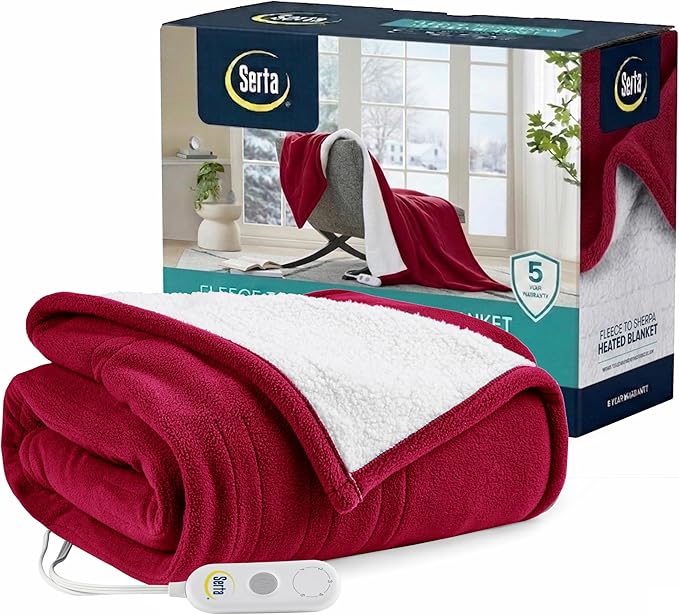 Serta Heated Blanket King - Reversible Fleece Heating Blanket, Berry Red | Dual-Layer Heated Throw Blanket With 5 Heat Settings & Auto Shut Off, Machine Washable, ETL Certified