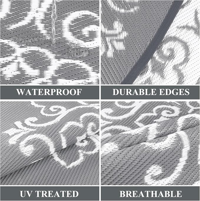 Pauwer Outdoor Rug 8ft, Waterproof Plastic Straw Camping Rug, Floral Grey | Reversible Patio Rug, UV Resistant Indoor Outdoor RV Mat Carpet For Deck, Camper, Porch, Balcony, Backyard, Picnic, Foldable