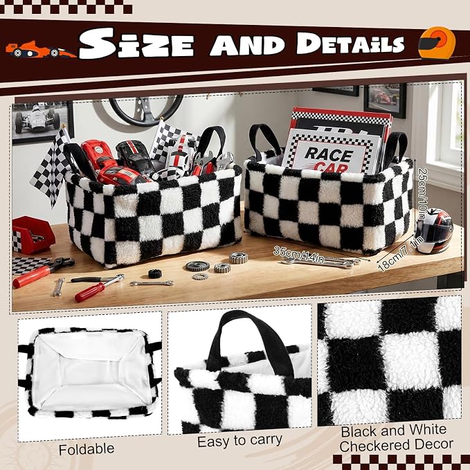 2 Pcs Black and White Checkered Storage Baskets 14x10 Inch Foldable Fabric Storage Bin with Handle Decorative Closet Bins Organizer for Home Office Laundry Countertop Tabletop Car