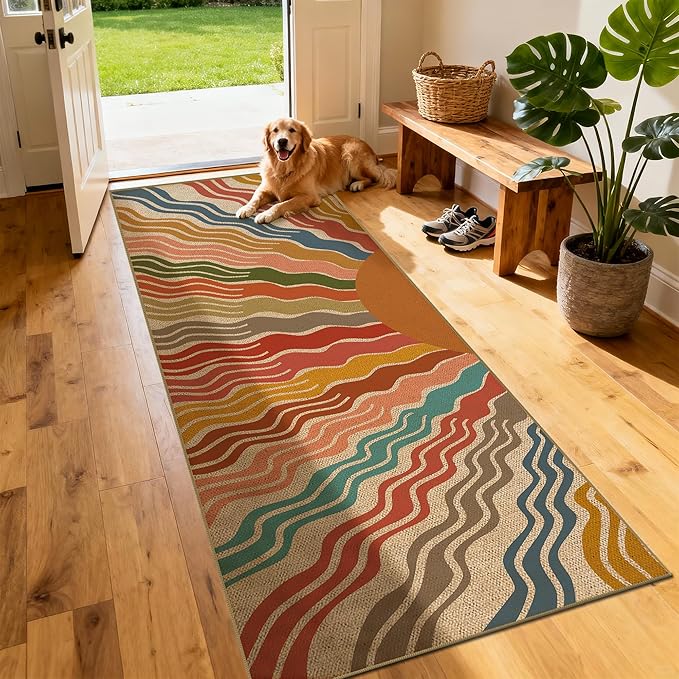 Washable Sun Easy Jute Runner Rug, 2x6 Rainbow Sun Modern Boho Retro Outdoor Indoor Patio Farmhouse Rug, Woven Ultra Thin Non Slip Long Runner Carpet Door Mat for Hallway Kitchen 6ft Entryway Porch