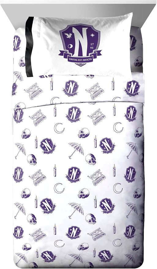 Wednesday Addams Twin Comforter Set 5 Piece Gothic Bedding for Girls, Black | Bed in a Bag, Comforter Sheets Sham Pillowcase, Official Product, Soft Microfiber, Machine Washable, Girls Gift