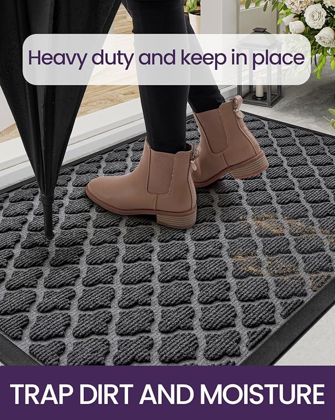DEXI Front Door Mat Outside Entrance, 17x30 Heavy Duty Entry Doormat Dirt Trapper with Rubber Back, Non Slip Low Profile Floor Mats for Entryway Exterior Patio, Floral Black
