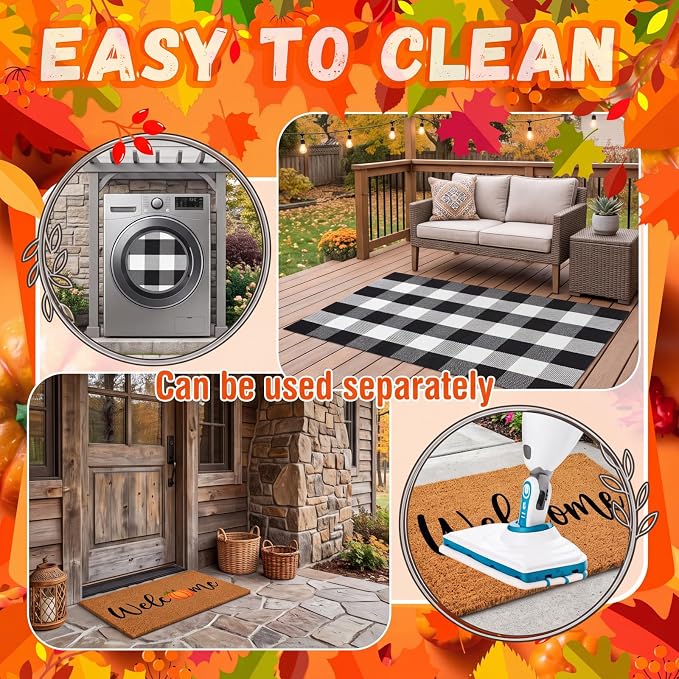 Moucuny 2 Pcs Fall Coir Doormat Outdoor 16'' x 28'' Pumpkin Welcome Doormat Layered 24'' x 35'' Buffalo Black and White Plaid Rug Fall Non Slip Floor Mat Fot Autumn Entrance Porch Front Decor