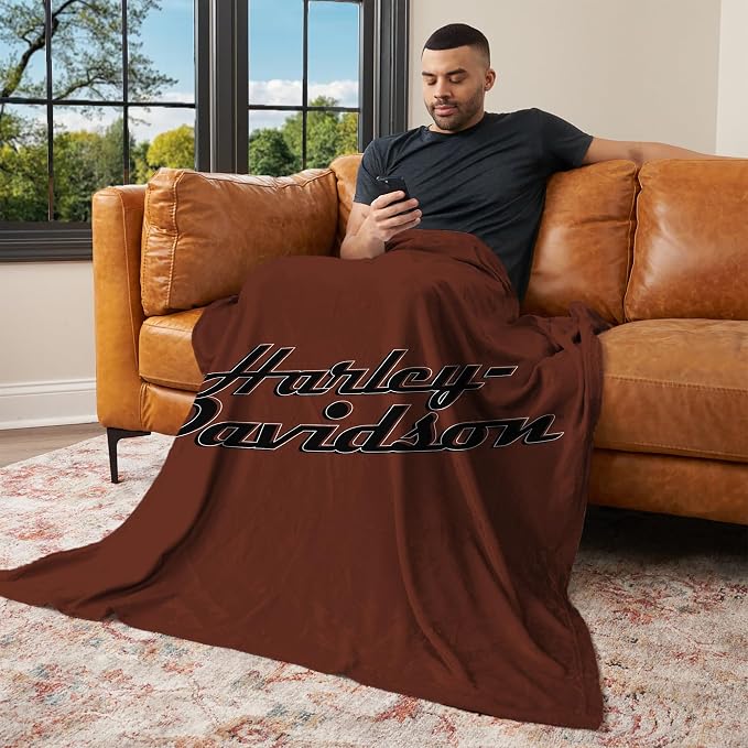 Northwest Harley-Davidson Cursive HD Silk Touch Throw Blanket, 46 x 60 in | 100% Polyester, Velvety Feel, Lightweight Warmth, Couch Bed Chair Lounging, Giftable Indoor Comfort