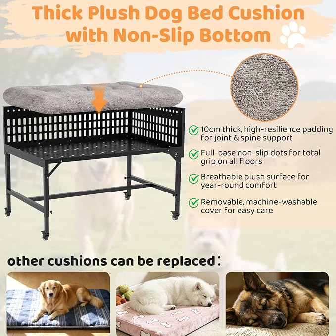 Beside Dog Bed,2 Panels Adjustable Height Dog Bunk Beds,41.3”x27.5” Metal Frame & Cushion, Converts to Bunk Bed or Bed Extension Attachment for Human Bed, for Large Dogs