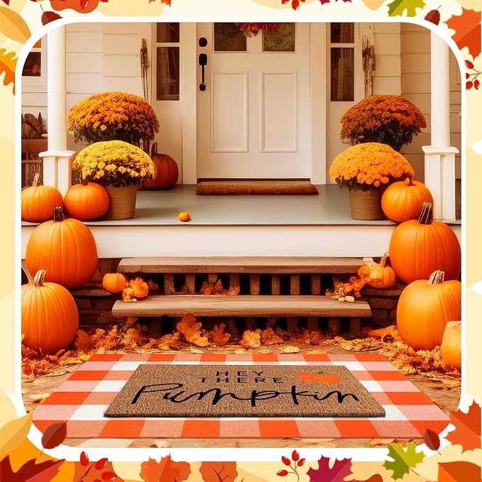 2 Pcs Fall Coir Doormat Outdoor Hey There Pumpkin Welcome Outdoor Mat Thanksgiving Front Proch Rugs Layered Buffalo Plaid Mats for Autumn Front Porch Entryway Decor