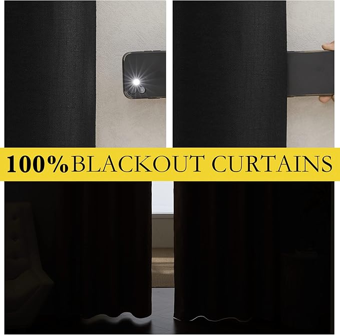 NICETOWN Vintage Open Linen Weave Flax Thermal Curtains, 100% Blackout Curtains 45 inches Long for Dining Room, Soundproof Window Treatment Drapes for Cafe, Black, 52" Wide Per Panel, Set of 2