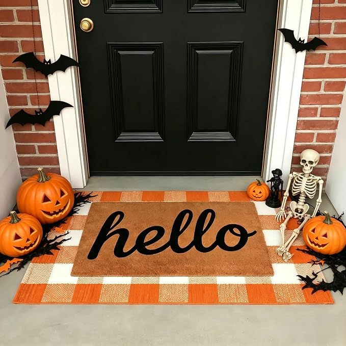 Halloween Orange and White Buffalo Plaid Rug,2'4'' x 3'7'' Indoor Outdoor Washable Rug, Spooky Accent Mat for Halloween Indoor Outdoor Decor, Porch, Living Room, Entryway, Patio