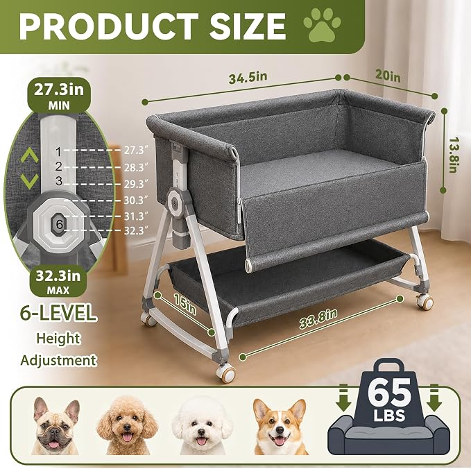 Bedside Dogs Bed, Raised Dogs Bed 27''-32'' Adjustable Height, Dog Bed Extension for Human Bed, Bedside Cosleeper Dog Bed for Small, Medium Dogs(34.5''L x 20''W)