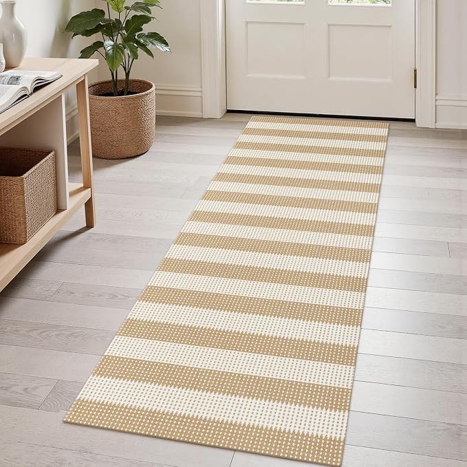 Rugalia Washable Woven Indoor Outdoor Runner Rug, 2x5 Natural Beige Striped Cotton Rug Runners for Hallway Non-Slip Entryway Runner Rugs, Modern Neutral Throw Carpet for Kitchen Porch Patio