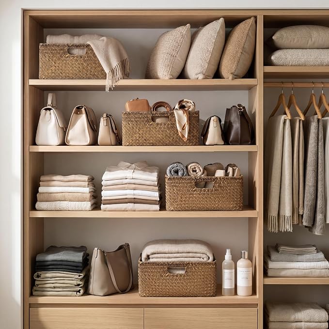 StorageWorks Large Wicker Baskets for Storage, Woven Baskets for Storage | Seagrass, Pantry Shelves, Kitchen Closet, Laundry, Bathroom, Table, Decorative, Book, Towel, Blanket, Toy, Medium, Handle