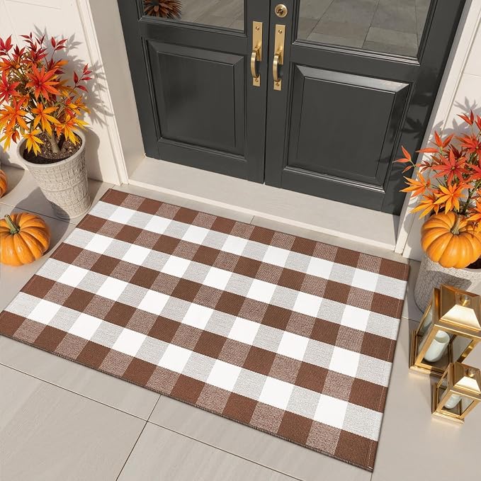 Collive 3x5 Buffalo Plaid Checkered Outdoor Rug, Fall Autumn Decor Door Mat, Coffee and White Washable Front Doormat Outside Entrance, Layered Welcome Mat Porch Area Rugs for Entryway Patio