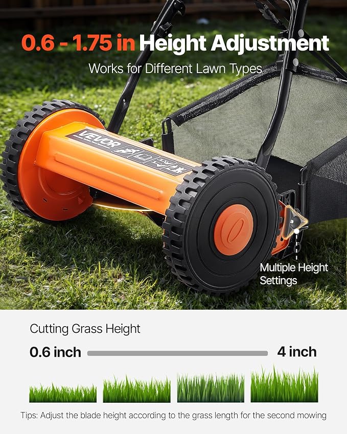 VEVOR Push Reel Lawn Mower 14 inch, 5 Blades Manual Push Mower No Motor, 0.6-1.75 in Adjustable Cutting Height, Walk-Behind Lawn Mowers with Grass Catcher Bag for Green Lawns, Driveways, Courtyards
