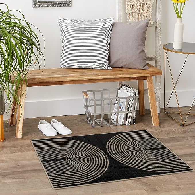Rugalia Easy Jute Rainbow Entryway Rug, 2x3 Black Washable Non-Slip Indoor Outdoor Doormat, Boho Farmhouse Small Kitchen Rug Modern Abstract Throw Rugs for Entrance Bedroom Bathroom