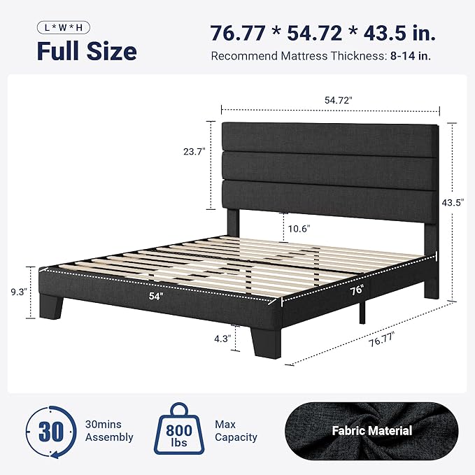 Allewie Full Size Platform Bed Frame with Fabric Upholstered Headboard Gray | Wooden Slats Support, Fully Upholstered Mattress Foundation, No Box Spring Needed, Easy Assembly, Noise-Free, Dark Grey