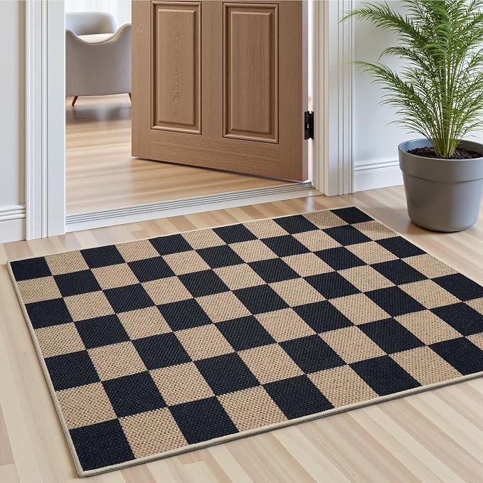 EDIMENS Checkered Easy Jute 2x3 Entryway Rugs Front Door Mat Entry Rug | Non Slip Small Area Rug Kitchen Mat Checkered Rug Farmhouse Low Pile Washable Black Indoor Outdoor Doormat for Porch Doorway