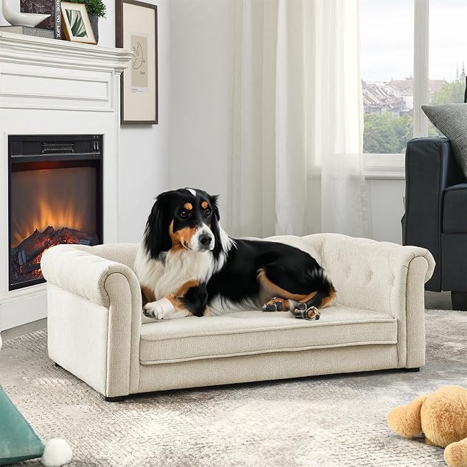 39" Dog Sofa Couch Bed for Small, Medium, Large Dogs,Memory Foam Pet Sofa with Removable Cover, Comfortable Pet Couch with Backrest and Armrests, Easy to Clean and Maintain（Beige）